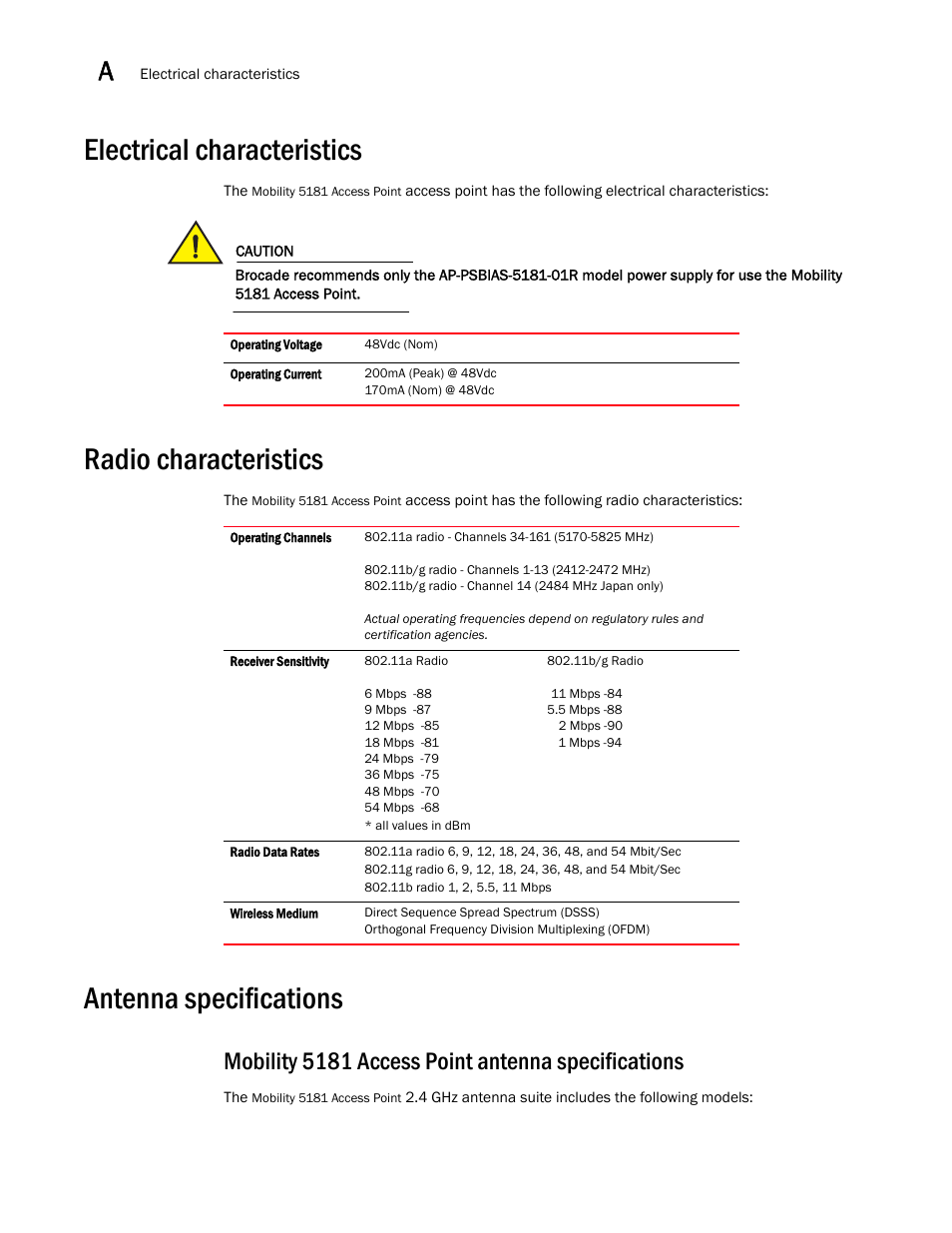 Electrical characteristics, Radio characteristics, Antenna specifications | Mobility 5181 access point antenna specifications | Brocade Mobility 5181 Access Point Product Reference Guide (Supporting software release 4.4.0.0) User Manual | Page 410 / 428