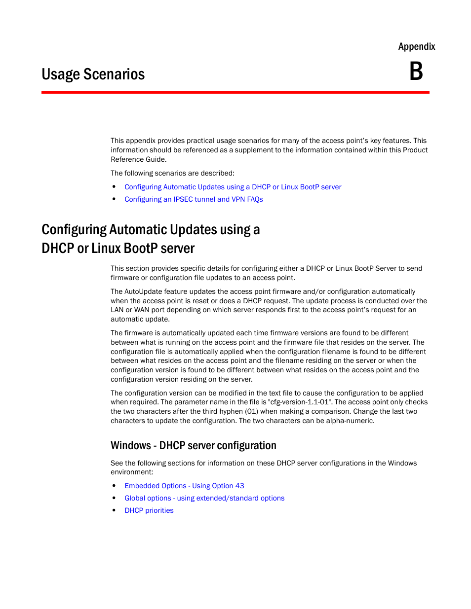 Usage scenarios, Windows - dhcp server configuration, Appendix b | Brocade Mobility 5181 Access Point Product Reference Guide (Supporting software release 4.4.0.0) User Manual | Page 415 / 428