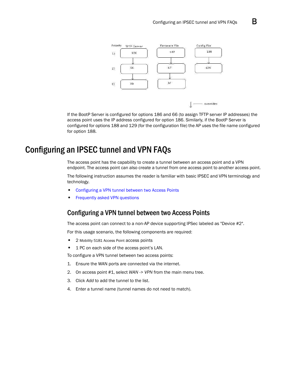 Configuring an ipsec tunnel and vpn faqs, Configuring a vpn tunnel between two access points | Brocade Mobility 5181 Access Point Product Reference Guide (Supporting software release 4.4.0.0) User Manual | Page 421 / 428