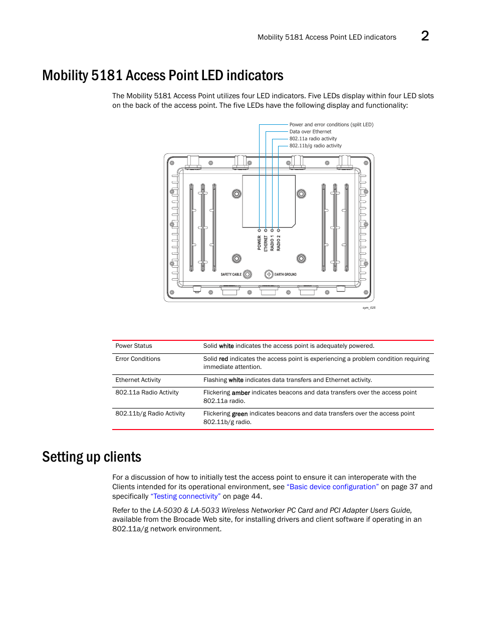 Mobility 5181 access point led indicators, Setting up clients | Brocade Mobility 5181 Access Point Product Reference Guide (Supporting software release 4.4.0.0) User Manual | Page 47 / 428