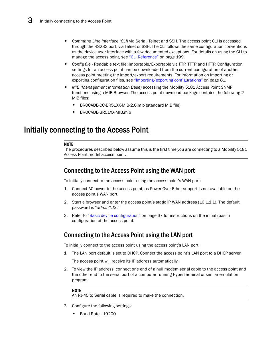 Initially connecting to the access point, Connecting to the access point using the wan port, Connecting to the access point using the lan port | Brocade Mobility 5181 Access Point Product Reference Guide (Supporting software release 4.4.0.0) User Manual | Page 50 / 428