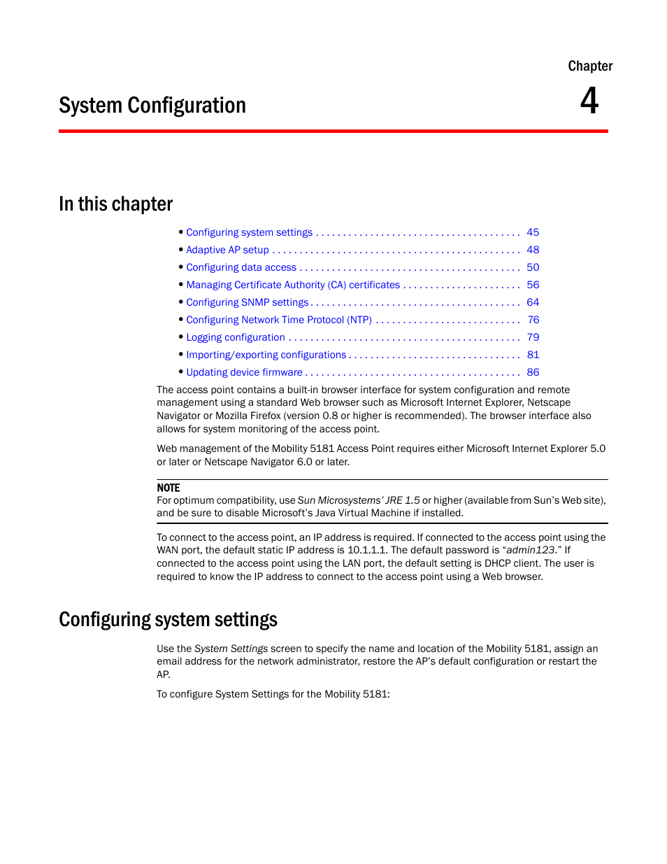 System configuration, Configuring system settings, Chapter 4 | Configuring, System settings, System, Configuration | Brocade Mobility 5181 Access Point Product Reference Guide (Supporting software release 4.4.0.0) User Manual | Page 59 / 428