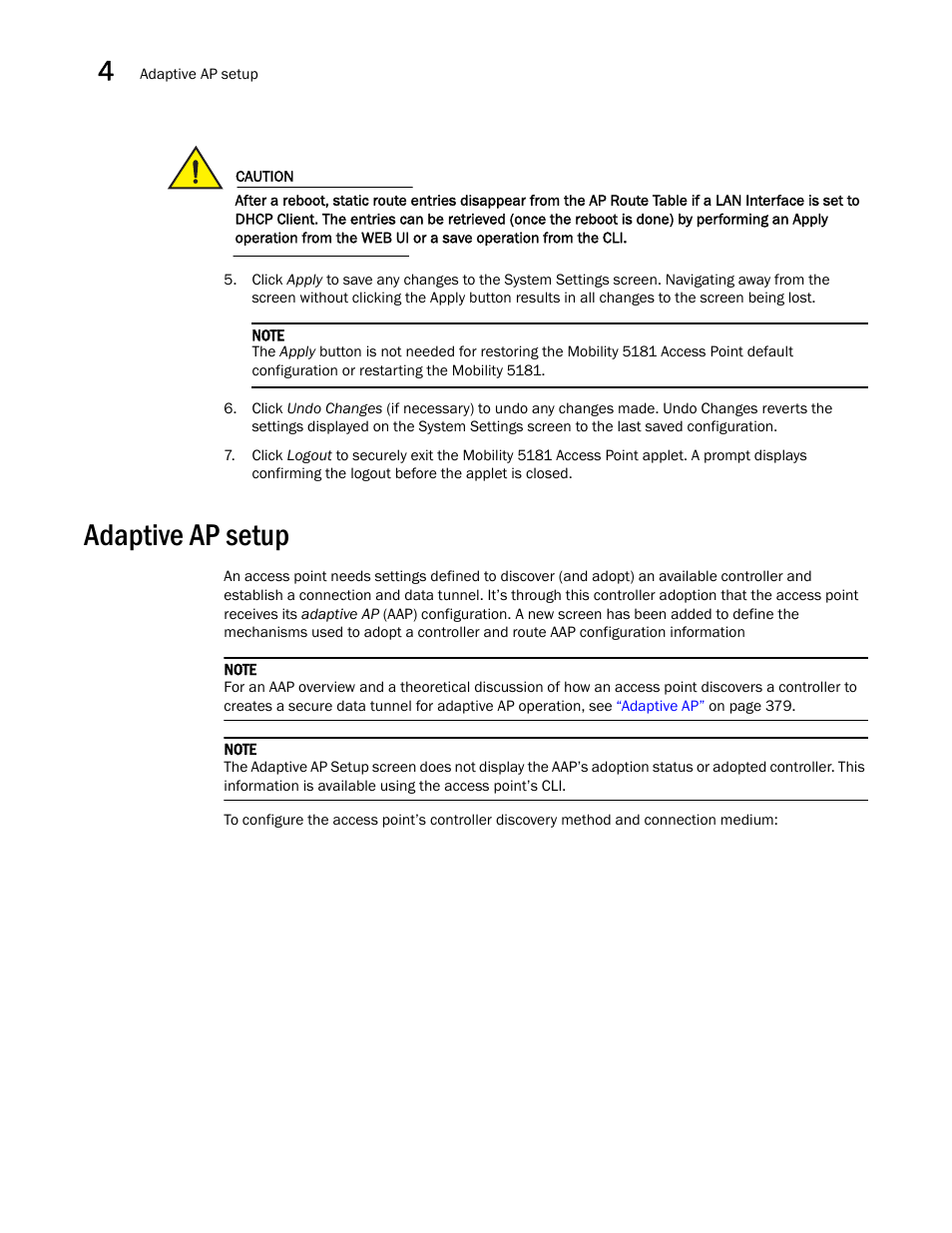 Adaptive ap setup | Brocade Mobility 5181 Access Point Product Reference Guide (Supporting software release 4.4.0.0) User Manual | Page 62 / 428