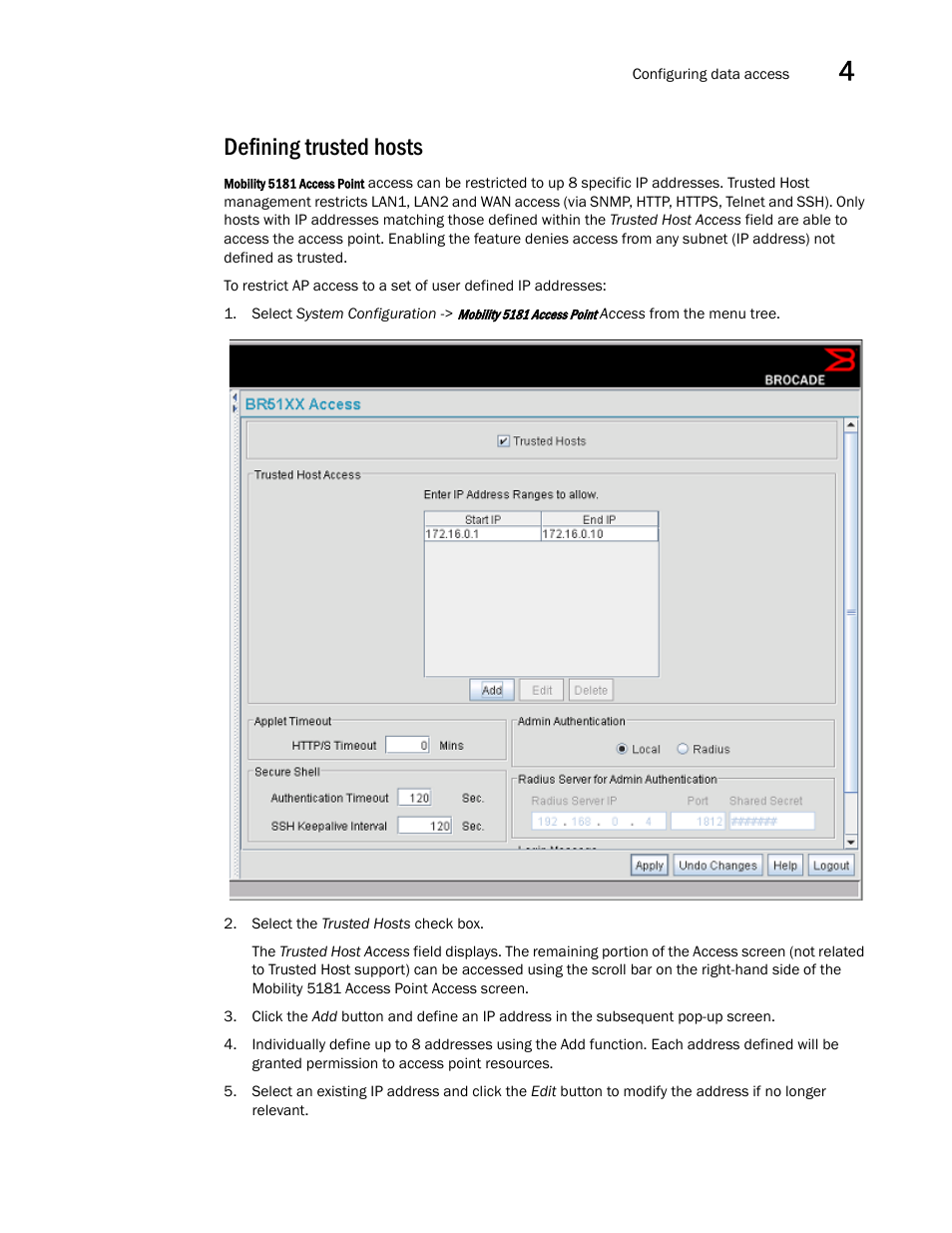 Defining trusted hosts, Defining, Trusted hosts | Brocade Mobility 5181 Access Point Product Reference Guide (Supporting software release 4.4.0.0) User Manual | Page 69 / 428