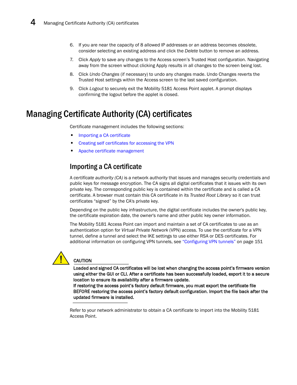 Managing certificate authority (ca) certificates, Importing a ca certificate | Brocade Mobility 5181 Access Point Product Reference Guide (Supporting software release 4.4.0.0) User Manual | Page 70 / 428