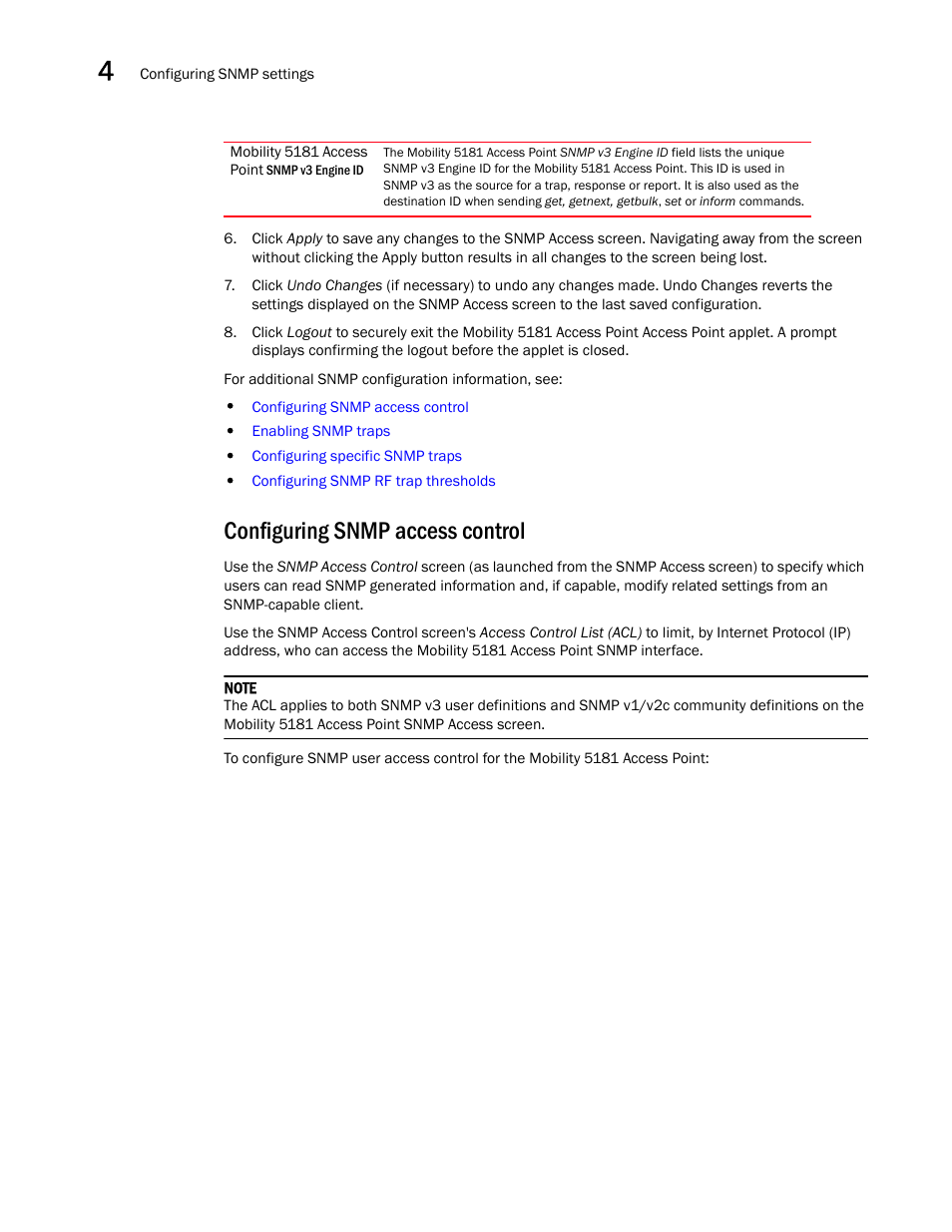 Configuring snmp access control | Brocade Mobility 5181 Access Point Product Reference Guide (Supporting software release 4.4.0.0) User Manual | Page 82 / 428