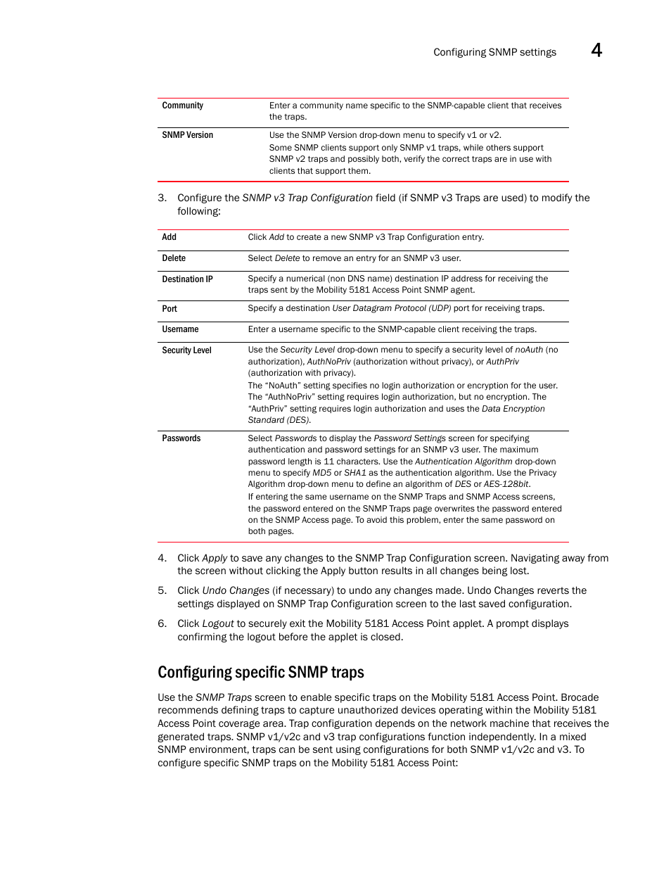 Configuring specific snmp traps | Brocade Mobility 5181 Access Point Product Reference Guide (Supporting software release 4.4.0.0) User Manual | Page 85 / 428