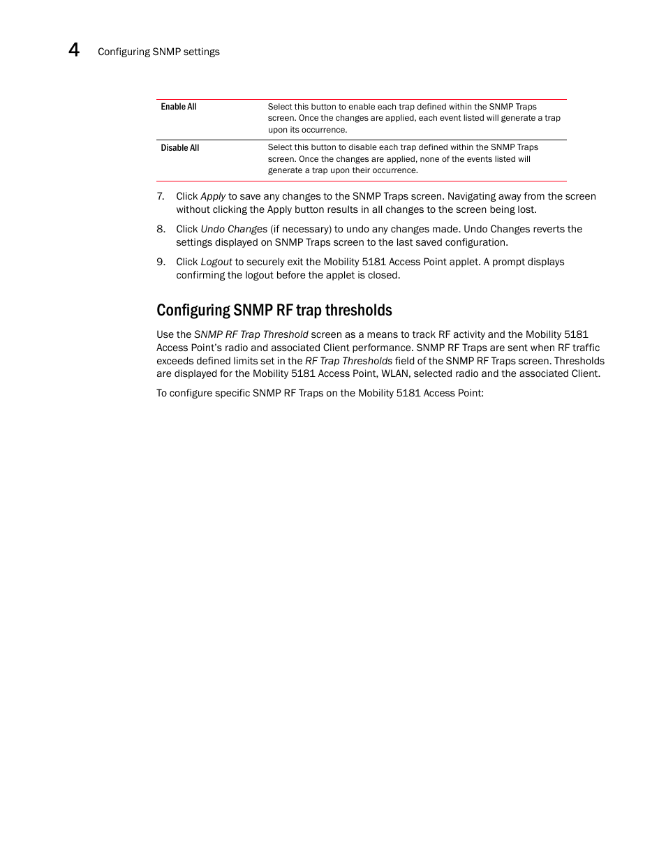 Configuring snmp rf trap thresholds | Brocade Mobility 5181 Access Point Product Reference Guide (Supporting software release 4.4.0.0) User Manual | Page 88 / 428