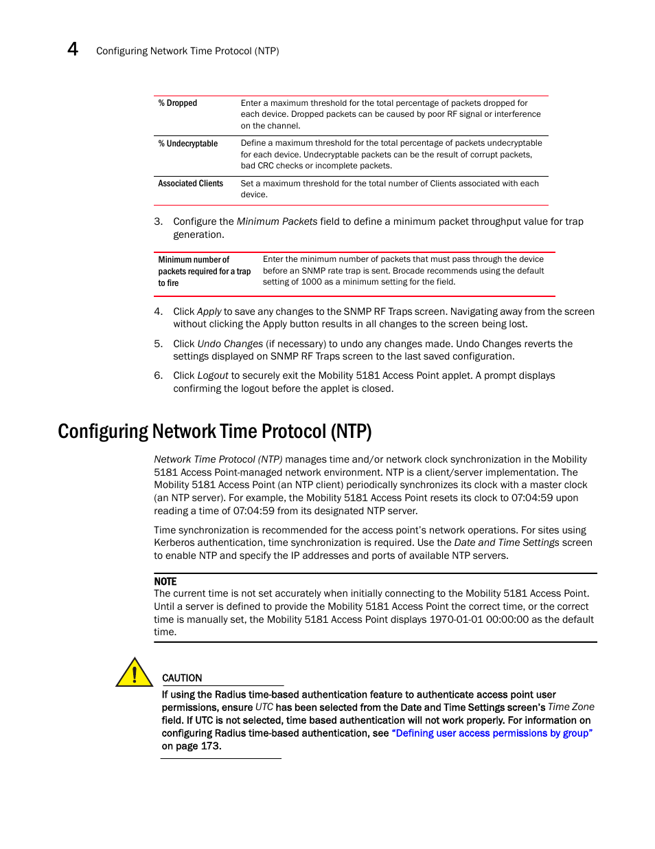 Configuring network time protocol (ntp), Configuring, Network time protocol (ntp) | Brocade Mobility 5181 Access Point Product Reference Guide (Supporting software release 4.4.0.0) User Manual | Page 90 / 428