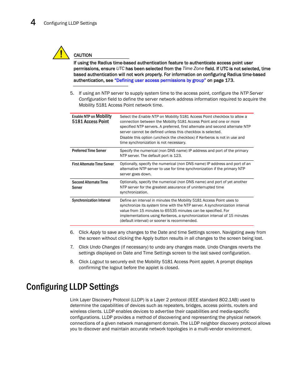 Configuring lldp settings | Brocade Mobility 5181 Access Point Product Reference Guide (Supporting software release 4.4.0.0) User Manual | Page 92 / 428