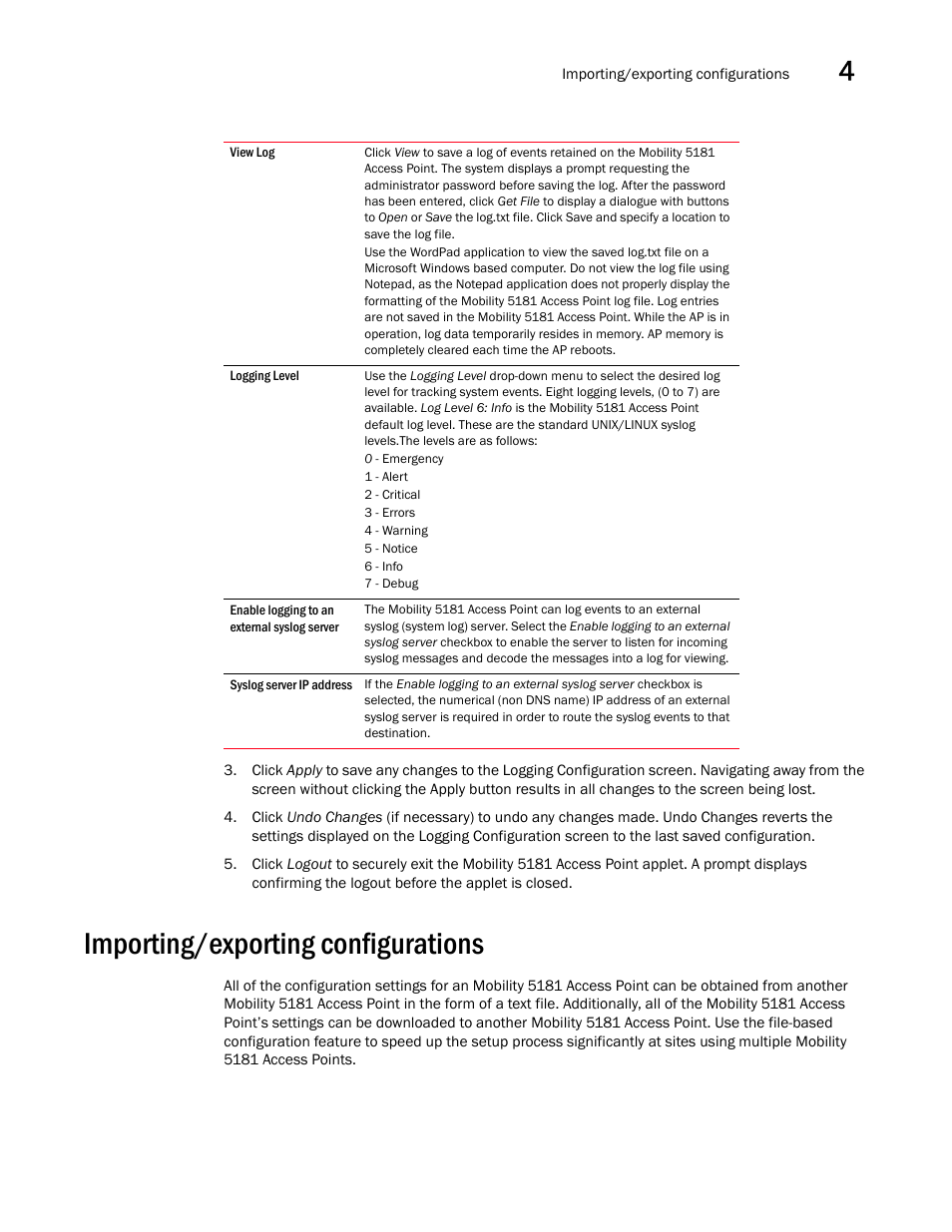 Importing/exporting configurations, Importing/exporting, Configurations | Brocade Mobility 5181 Access Point Product Reference Guide (Supporting software release 4.4.0.0) User Manual | Page 95 / 428