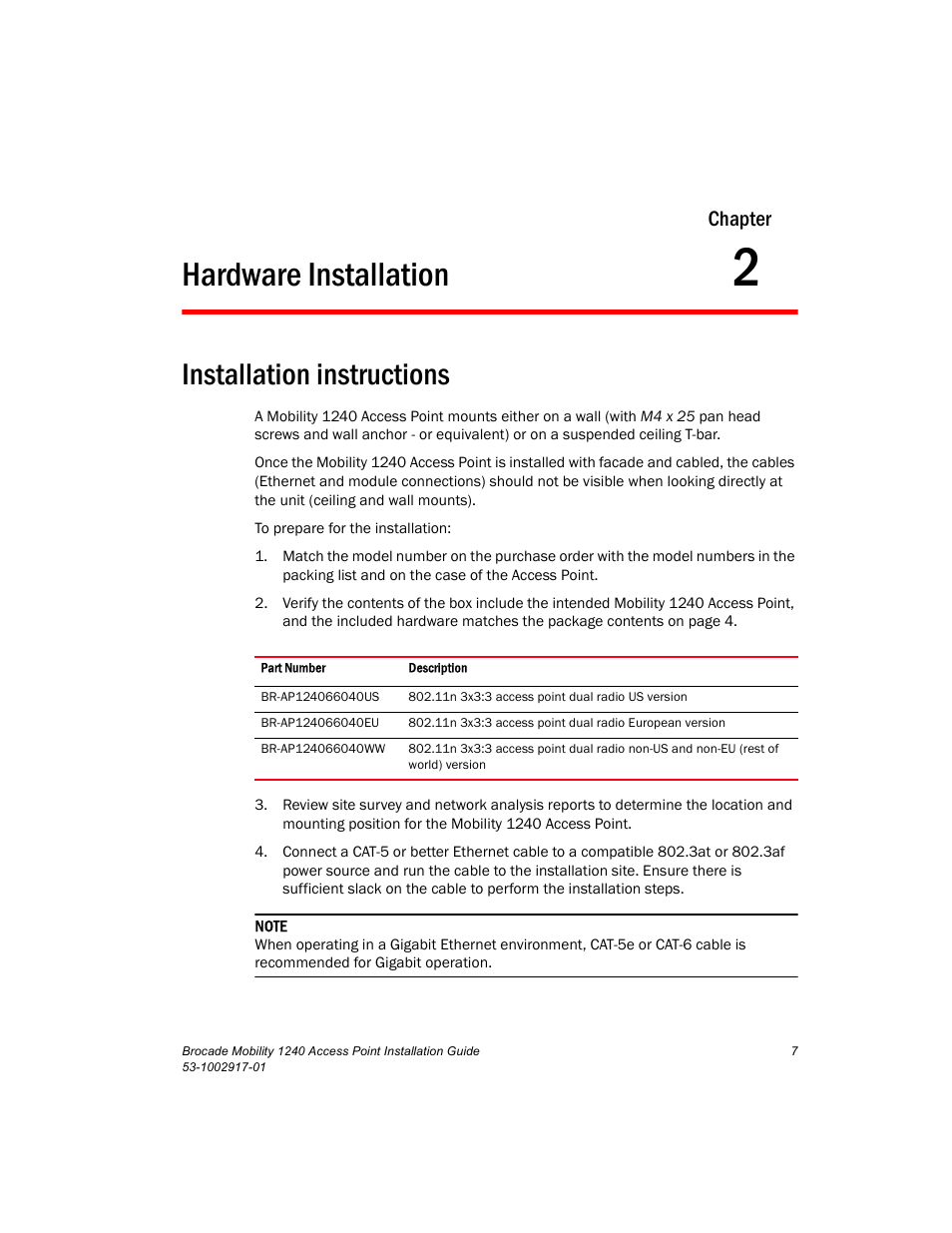 Hardware installation, Installation instructions, Chapter 2 | Chapter | Brocade Mobility 1240 Access Point Installation Guide User Manual | Page 11 / 68