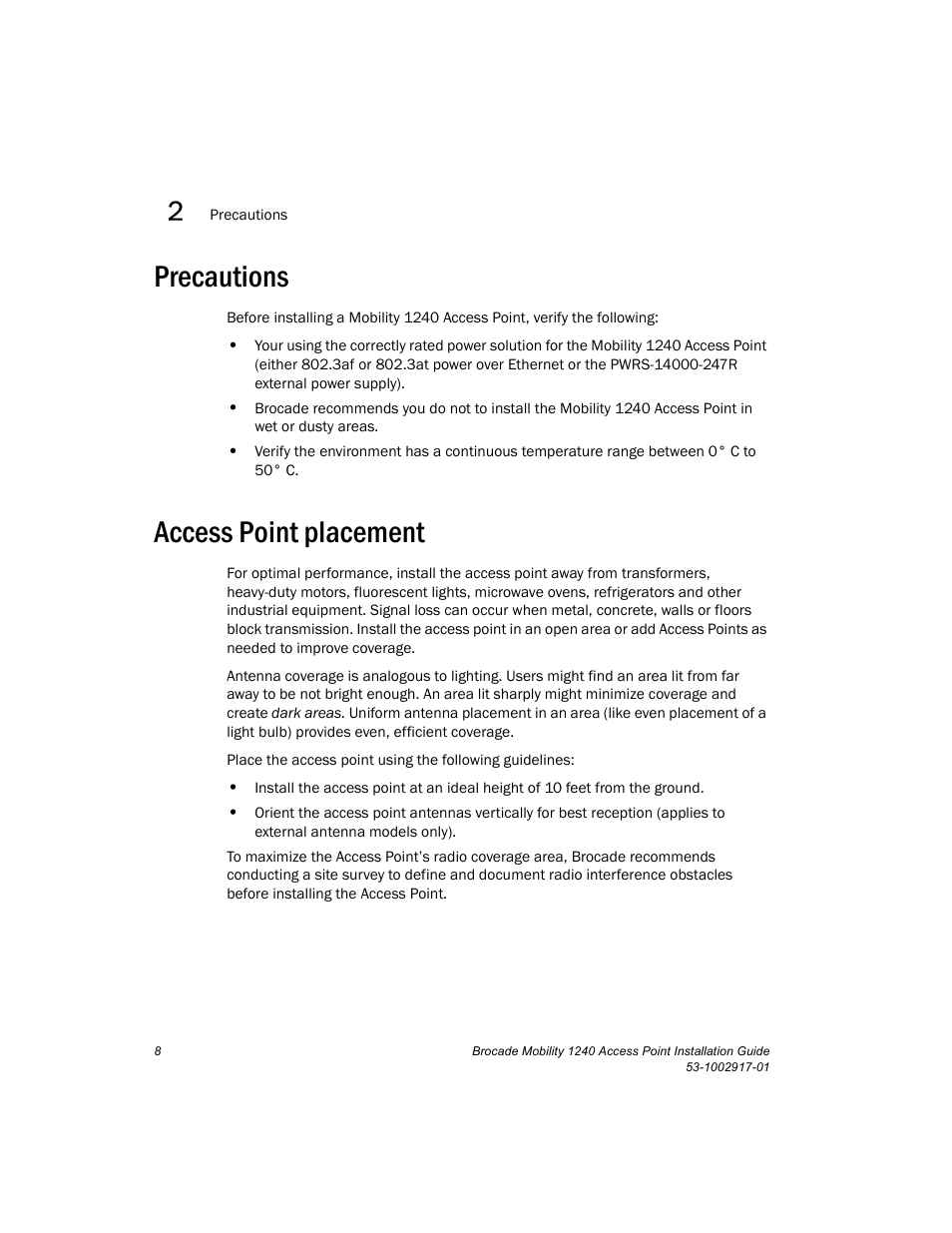 Precautions, Access point placement | Brocade Mobility 1240 Access Point Installation Guide User Manual | Page 12 / 68