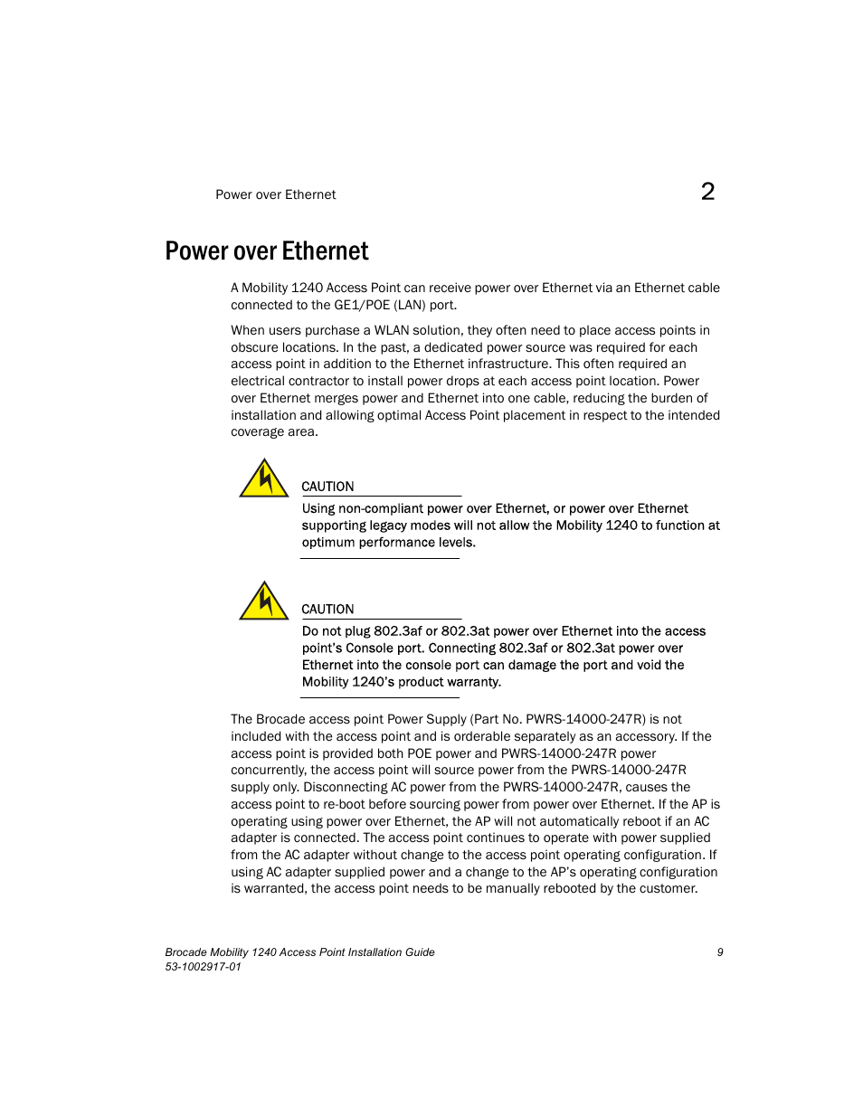 Power over ethernet | Brocade Mobility 1240 Access Point Installation Guide User Manual | Page 13 / 68