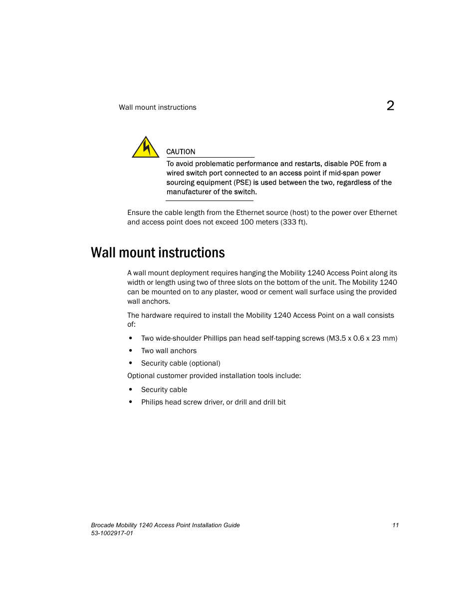 Wall mount instructions | Brocade Mobility 1240 Access Point Installation Guide User Manual | Page 15 / 68