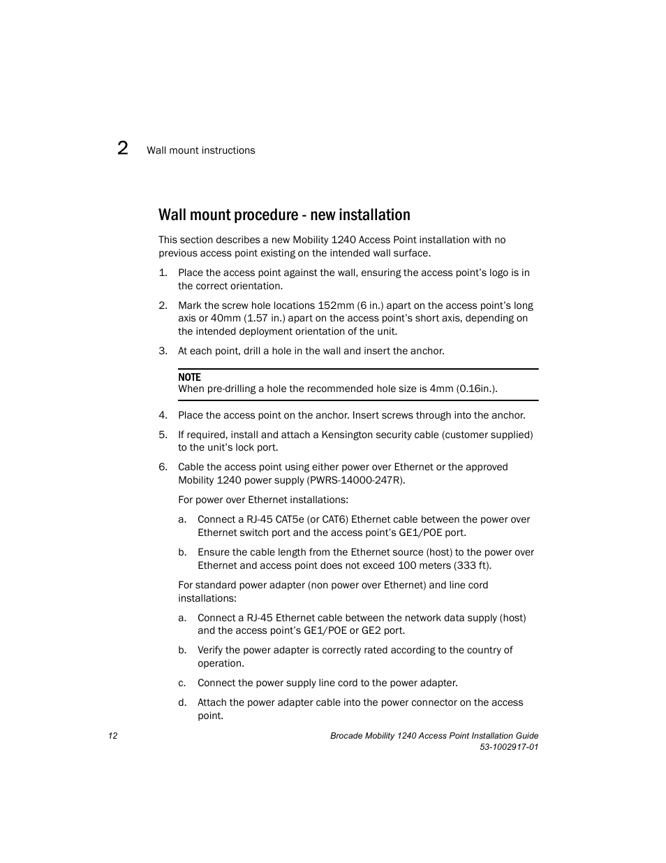 Wall mount procedure - new installation | Brocade Mobility 1240 Access Point Installation Guide User Manual | Page 16 / 68