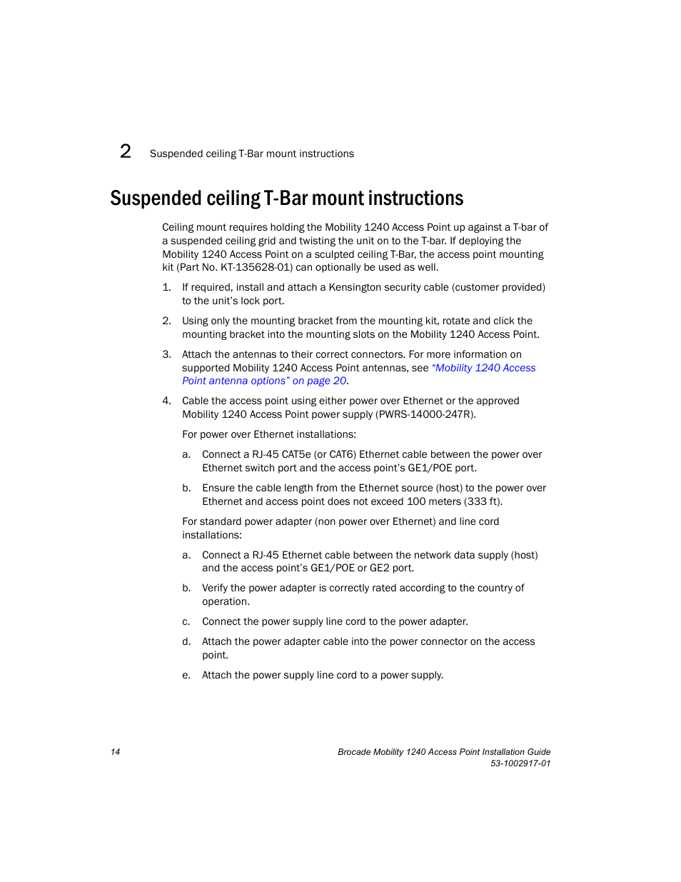 Suspended ceiling t-bar mount instructions | Brocade Mobility 1240 Access Point Installation Guide User Manual | Page 18 / 68