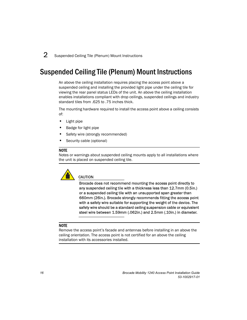 Suspended ceiling tile (plenum) mount instructions | Brocade Mobility 1240 Access Point Installation Guide User Manual | Page 20 / 68