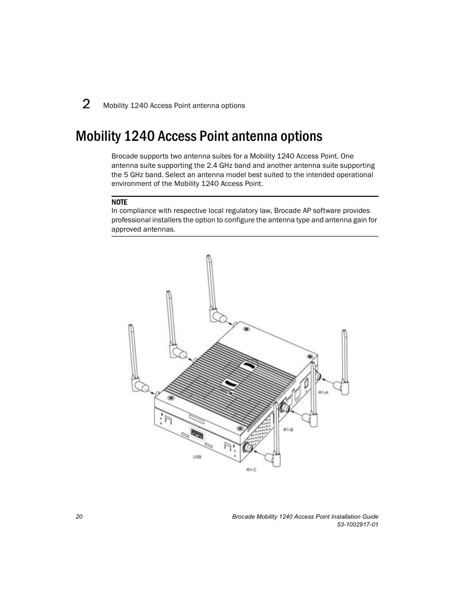 Mobility 1240 access point antenna options, Mobility, Mobility 1240 access point antenna | Brocade Mobility 1240 Access Point Installation Guide User Manual | Page 24 / 68