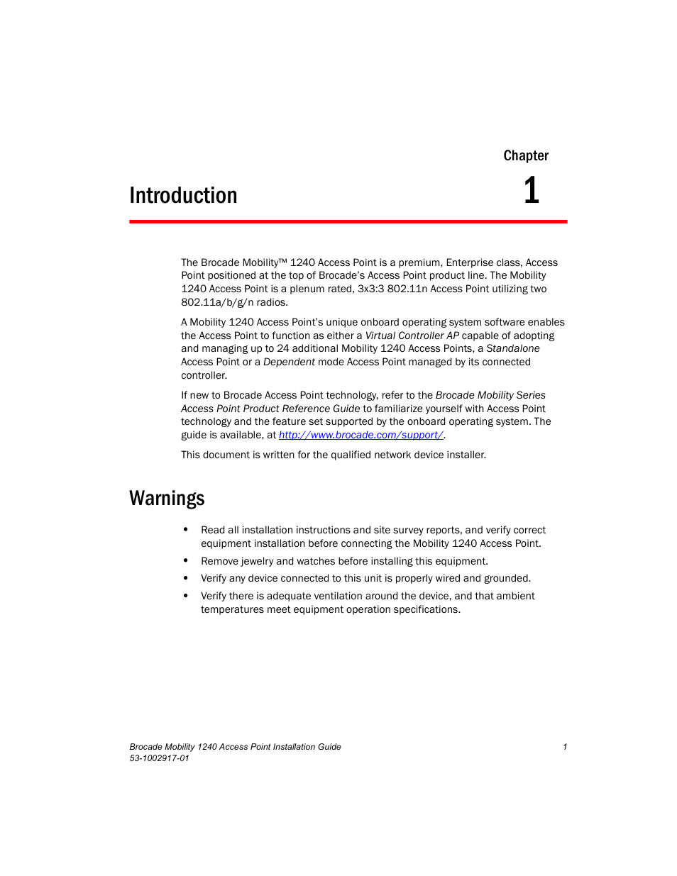 Introduction, Warnings, Chapter 1 | Brocade Mobility 1240 Access Point Installation Guide User Manual | Page 5 / 68