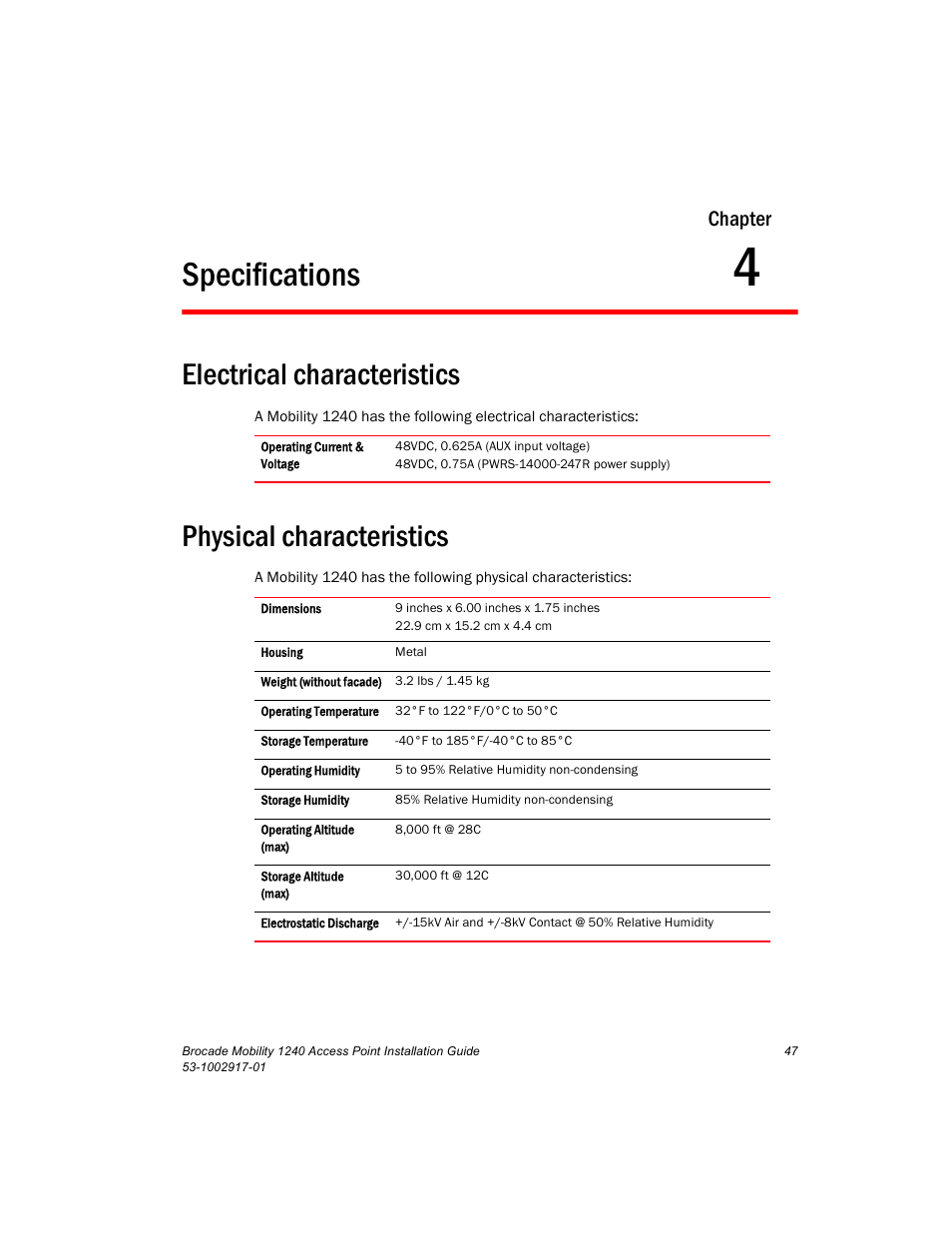 Specifications, Electrical characteristics, Physical characteristics | Chapter 4, Chapter | Brocade Mobility 1240 Access Point Installation Guide User Manual | Page 51 / 68