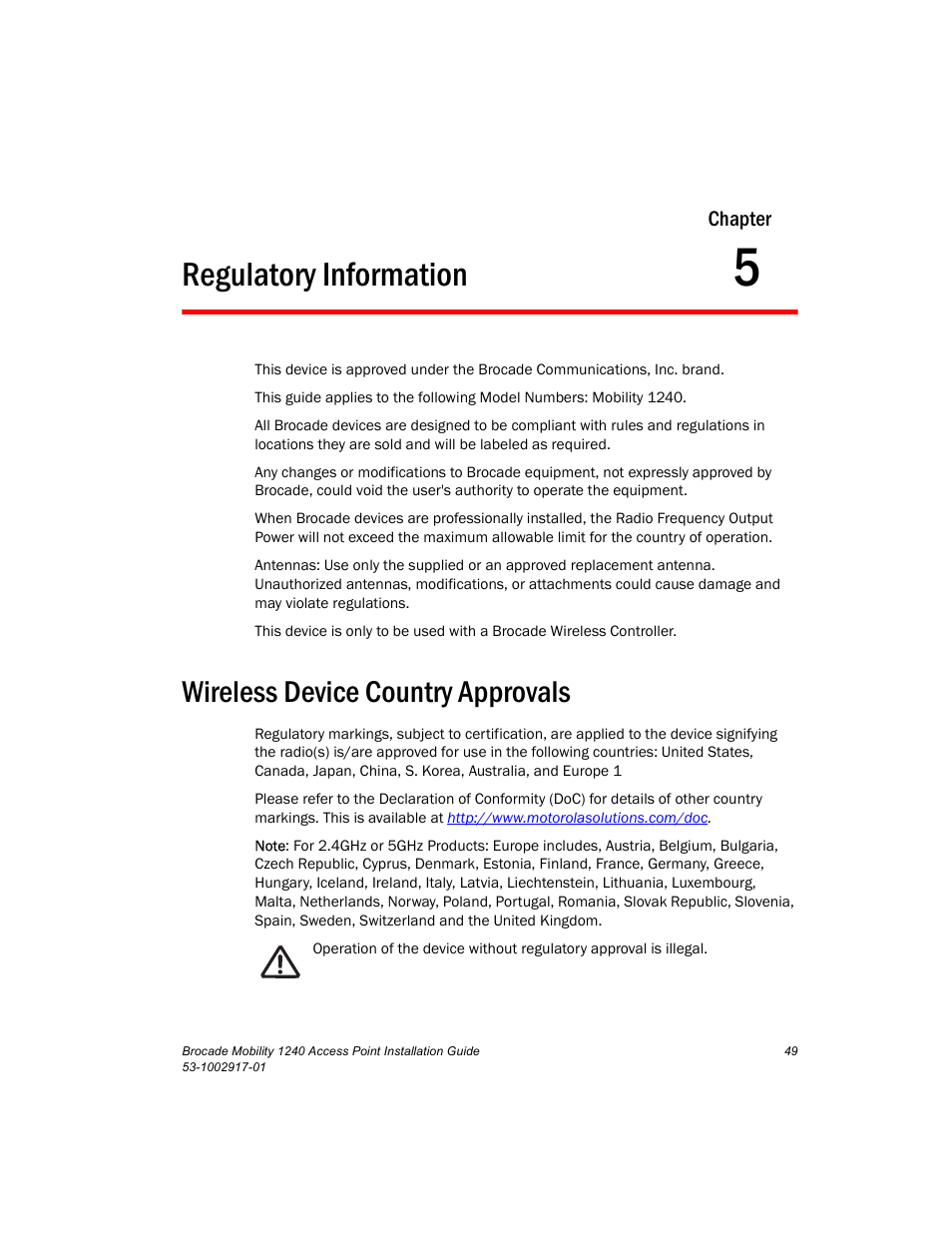 Regulatory information, Wireless device country approvals, Chapter 5 | Brocade Mobility 1240 Access Point Installation Guide User Manual | Page 53 / 68