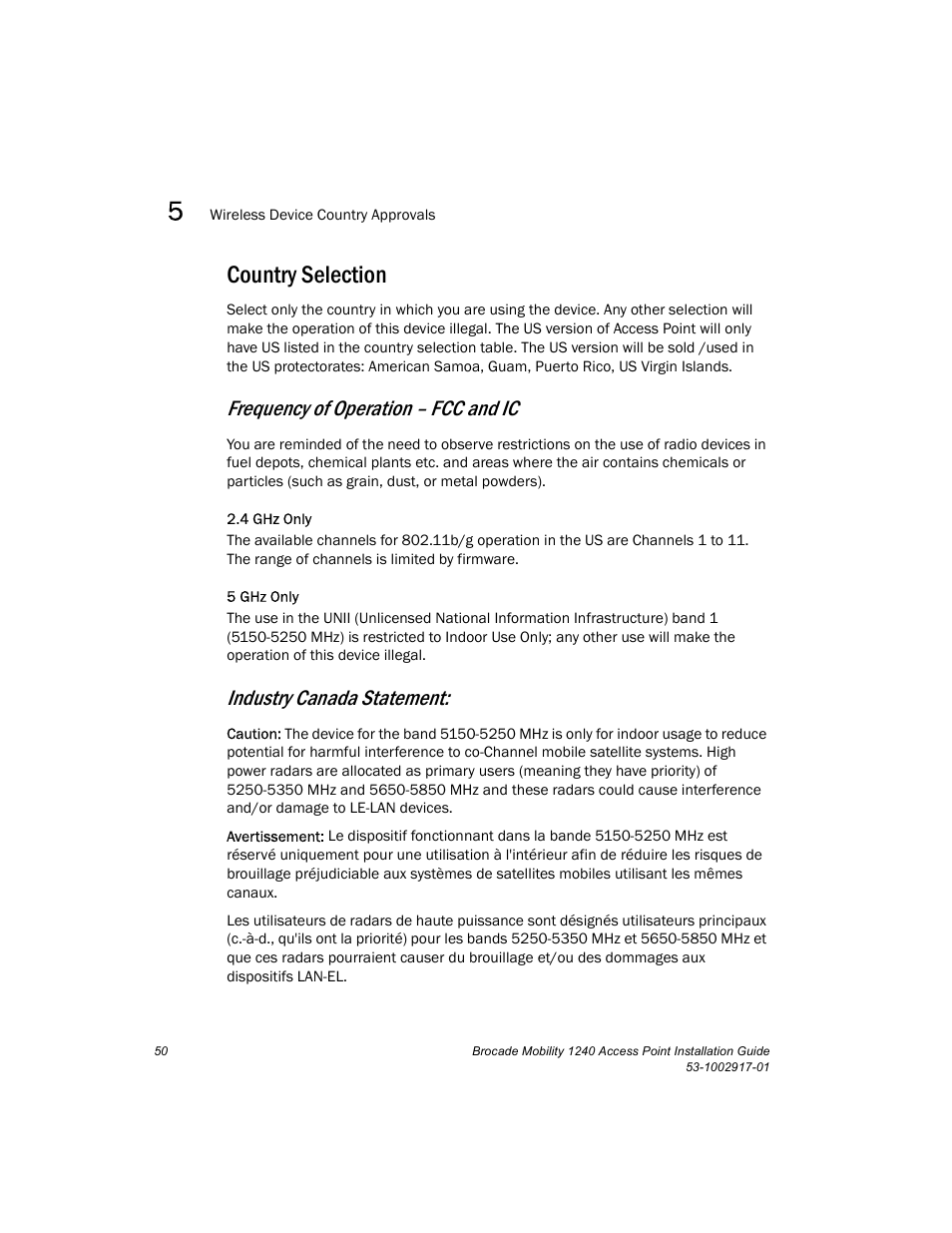Country selection, Frequency of operation – fcc and ic, Industry canada statement | Brocade Mobility 1240 Access Point Installation Guide User Manual | Page 54 / 68