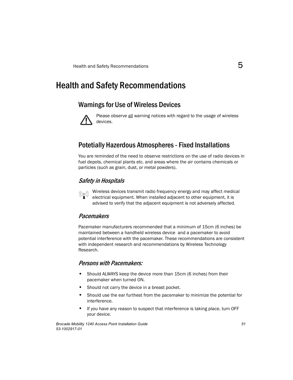 Health and safety recommendations, Warnings for use of wireless devices, Safety in hospitals | Pacemakers, Persons with pacemakers | Brocade Mobility 1240 Access Point Installation Guide User Manual | Page 55 / 68