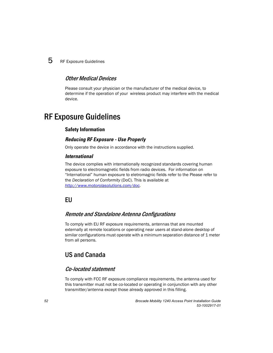 Rf exposure guidelines, Us and canada, Other medical devices | Remote and standalone antenna configurations, Co-located statement | Brocade Mobility 1240 Access Point Installation Guide User Manual | Page 56 / 68