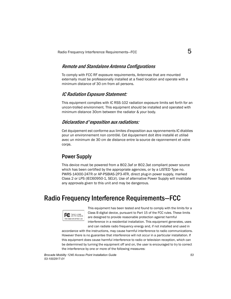 Power supply, Radio frequency interference requirements—fcc, Remote and standalone antenna configurations | Ic radiation exposure statement, Déclaration d'exposition aux radiations | Brocade Mobility 1240 Access Point Installation Guide User Manual | Page 57 / 68