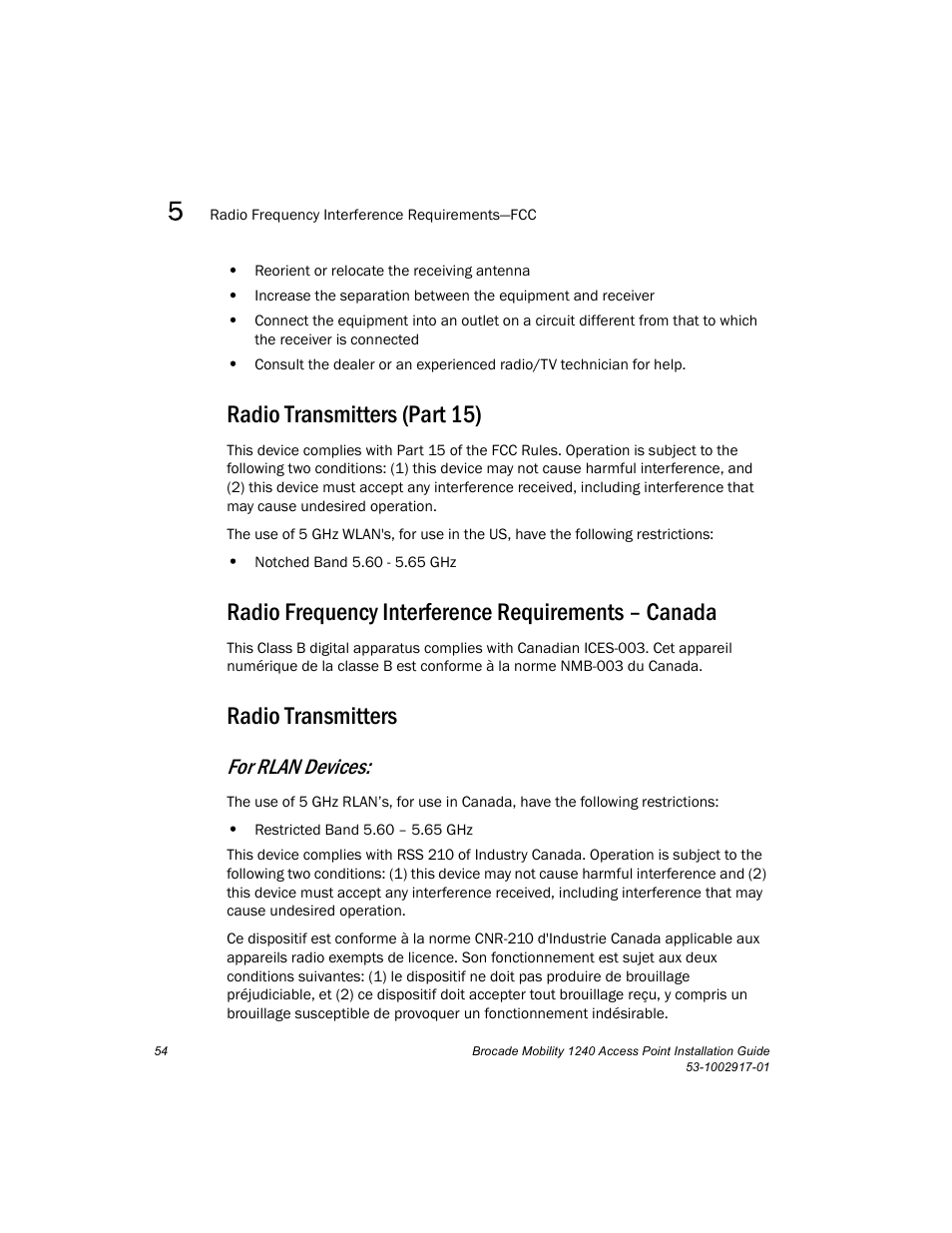 Radio transmitters (part 15), Radio frequency interference requirements – canada, Radio transmitters | For rlan devices | Brocade Mobility 1240 Access Point Installation Guide User Manual | Page 58 / 68