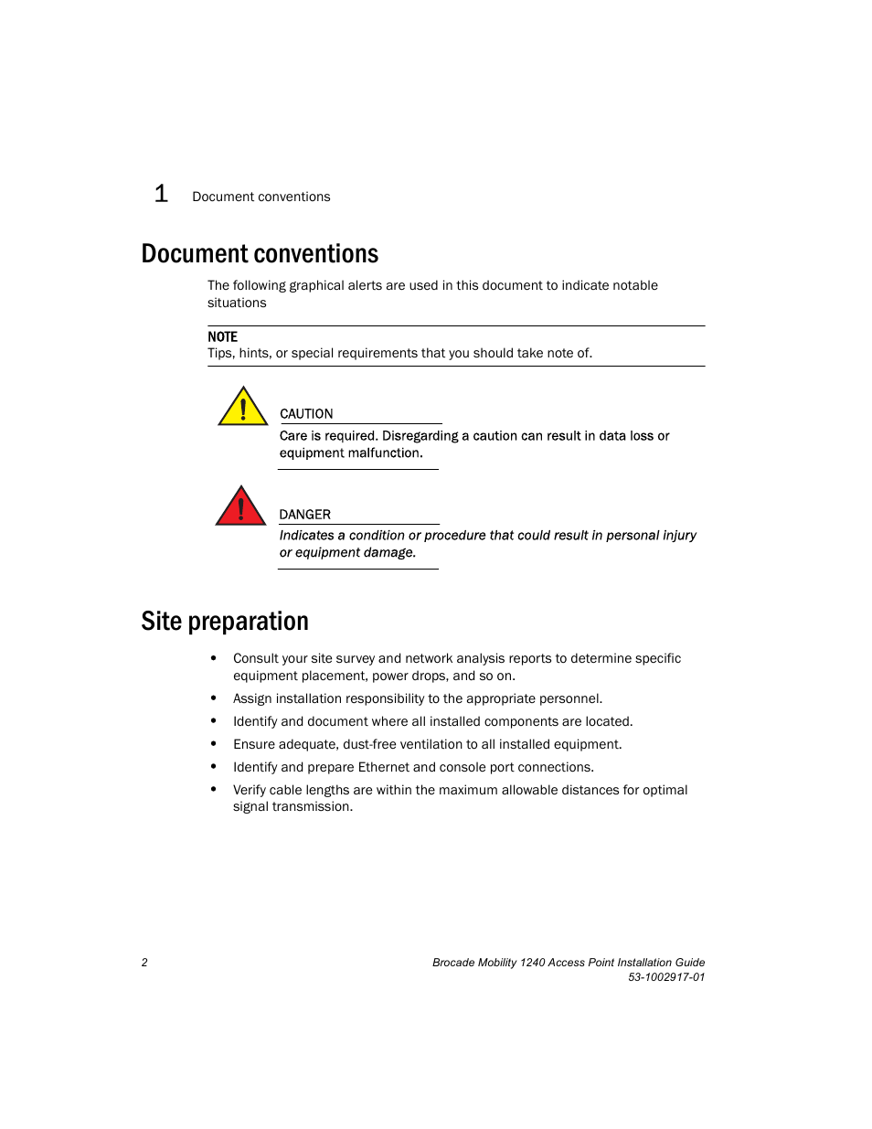 Document conventions, Site preparation | Brocade Mobility 1240 Access Point Installation Guide User Manual | Page 6 / 68