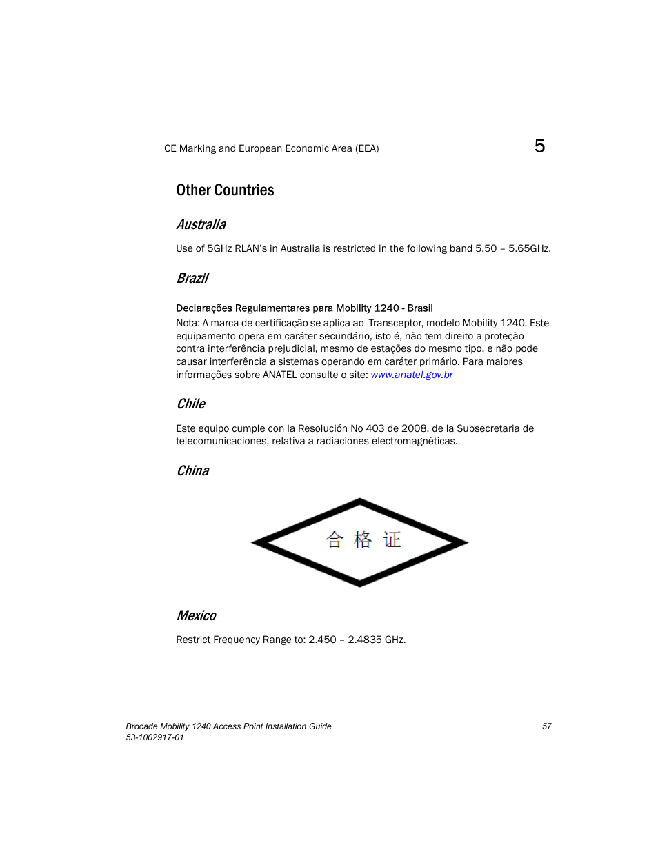 Other countries, Australia, Brazil | Chile, China mexico | Brocade Mobility 1240 Access Point Installation Guide User Manual | Page 61 / 68