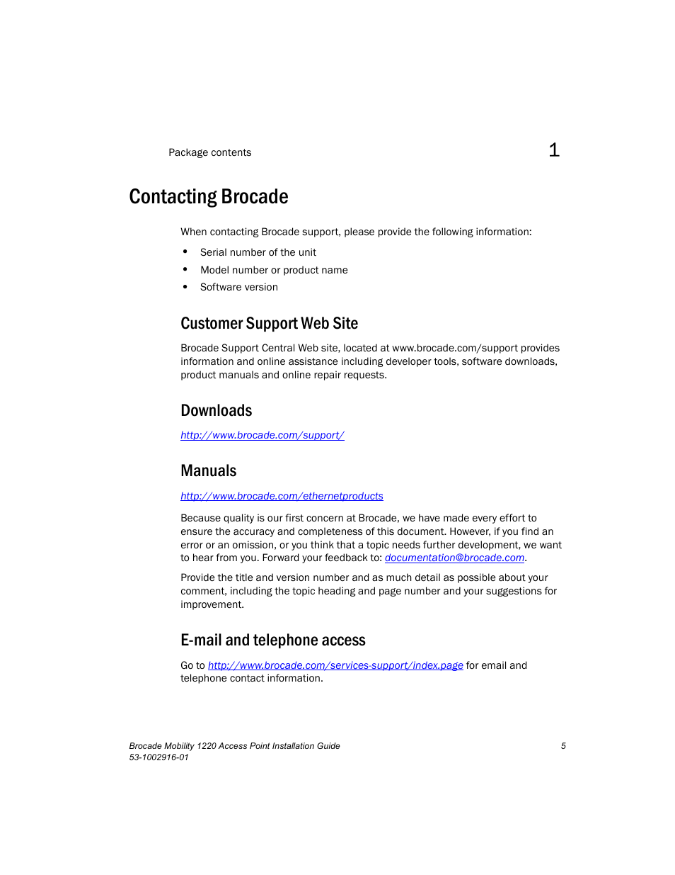 Contacting brocade, Customer support web site, Downloads | Manuals, E-mail and telephone access | Brocade Mobility 1220 Access Point Installation Guide User Manual | Page 10 / 68