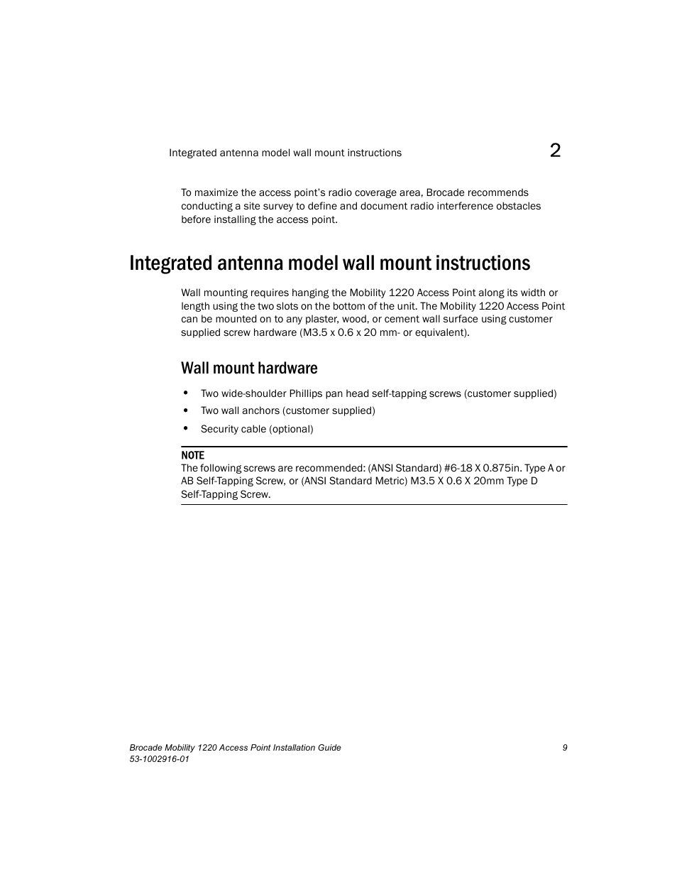 Integrated antenna model wall mount instructions, Wall mount hardware | Brocade Mobility 1220 Access Point Installation Guide User Manual | Page 14 / 68