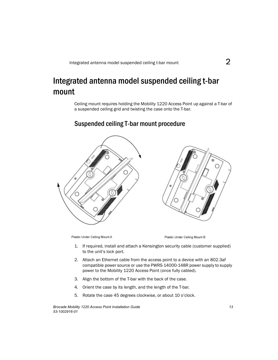 Suspended ceiling t-bar mount procedure | Brocade Mobility 1220 Access Point Installation Guide User Manual | Page 18 / 68