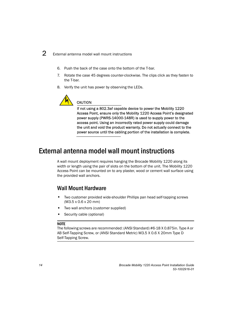 External antenna model wall mount instructions, Wall mount hardware | Brocade Mobility 1220 Access Point Installation Guide User Manual | Page 19 / 68