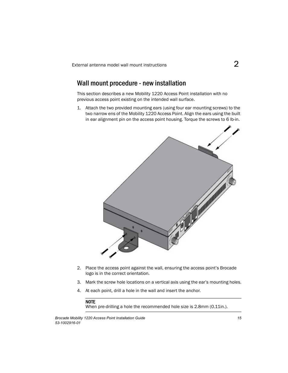 Wall mount procedure - new installation | Brocade Mobility 1220 Access Point Installation Guide User Manual | Page 20 / 68