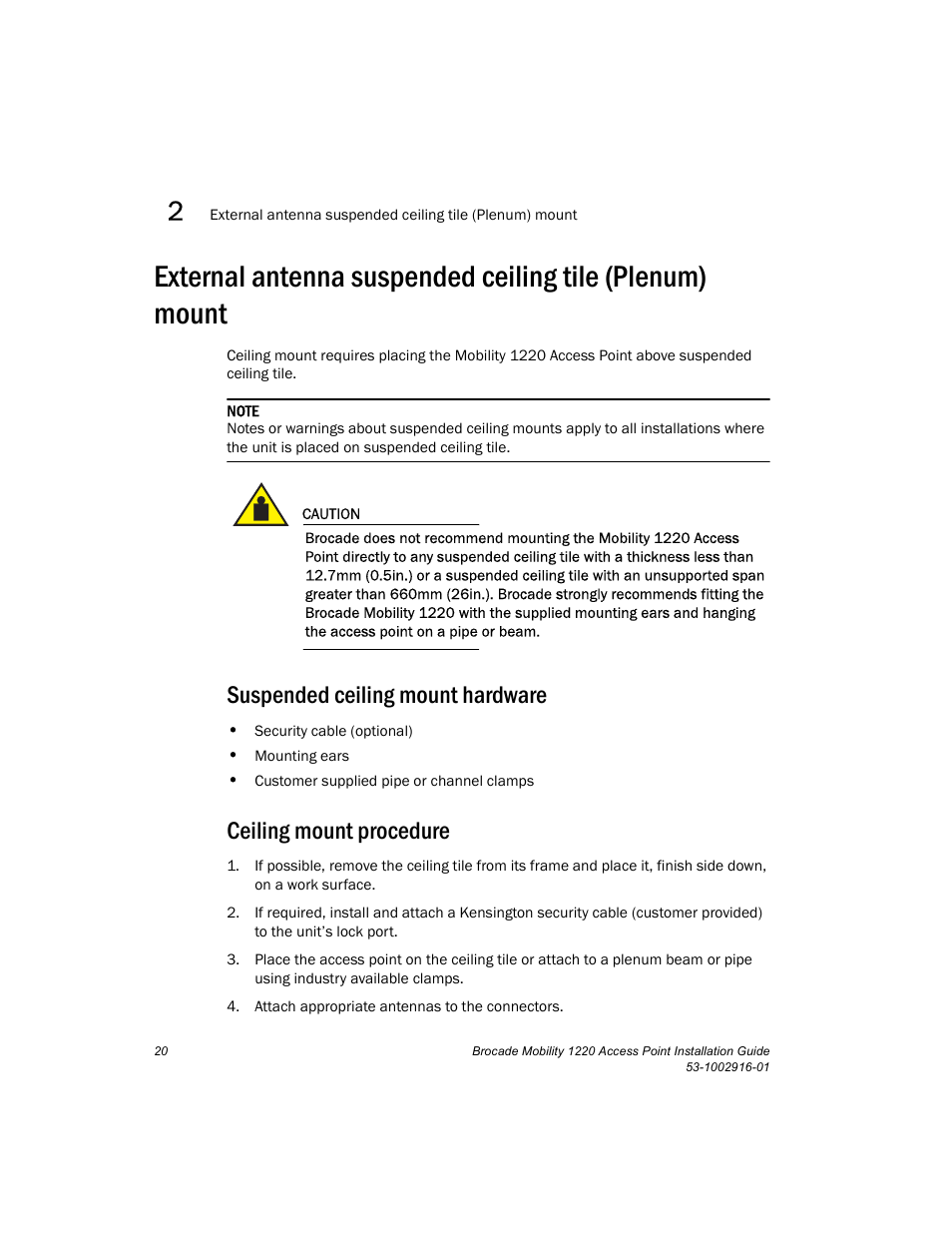 Suspended ceiling mount hardware, Ceiling mount procedure | Brocade Mobility 1220 Access Point Installation Guide User Manual | Page 25 / 68