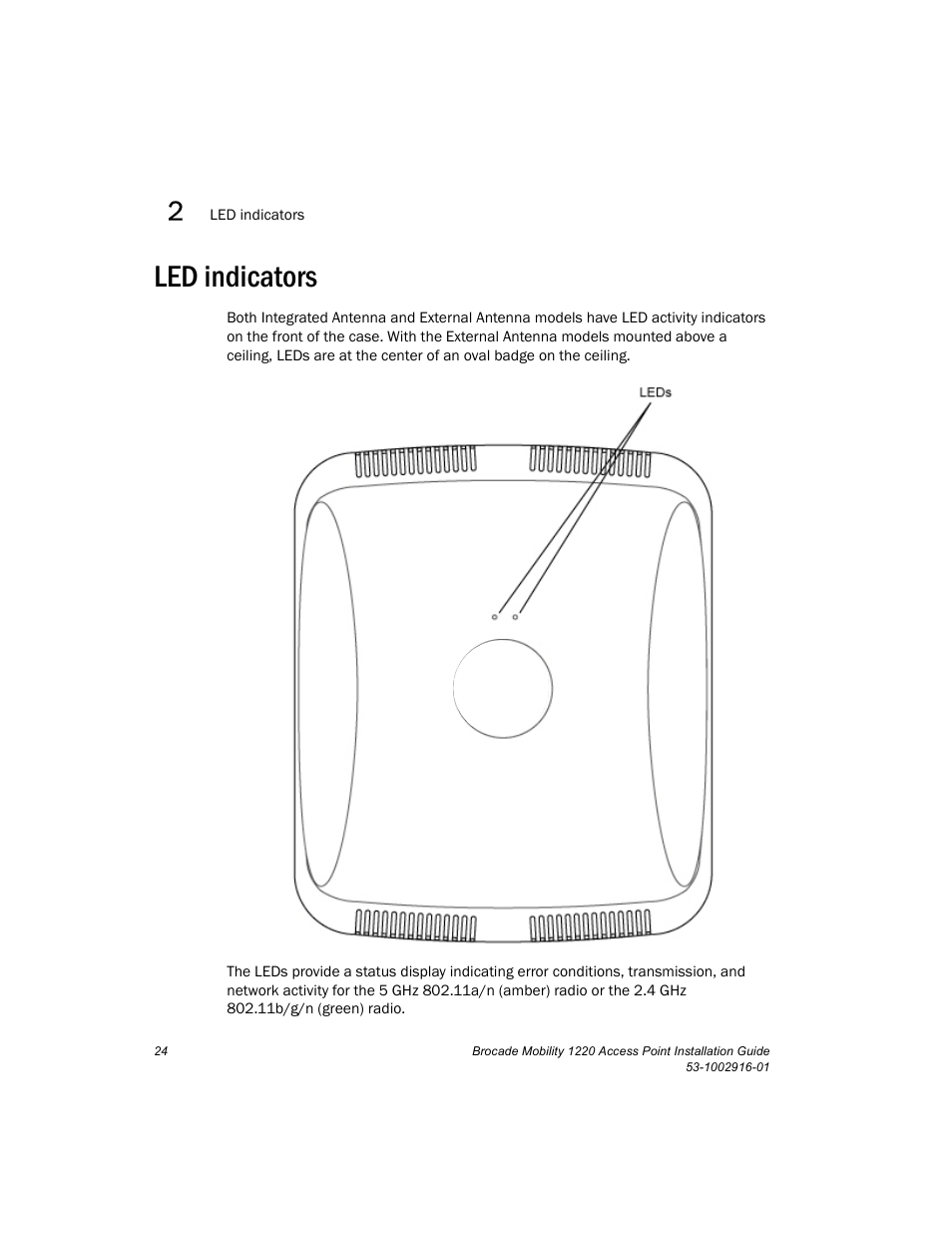 Led indicators | Brocade Mobility 1220 Access Point Installation Guide User Manual | Page 29 / 68