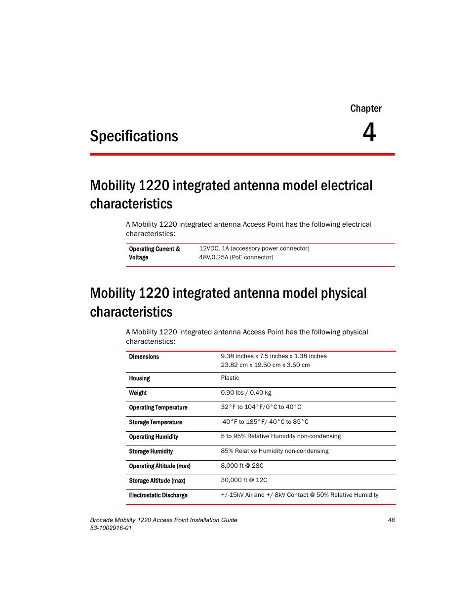 Specifications, Chapter 4, Chapter | Brocade Mobility 1220 Access Point Installation Guide User Manual | Page 53 / 68