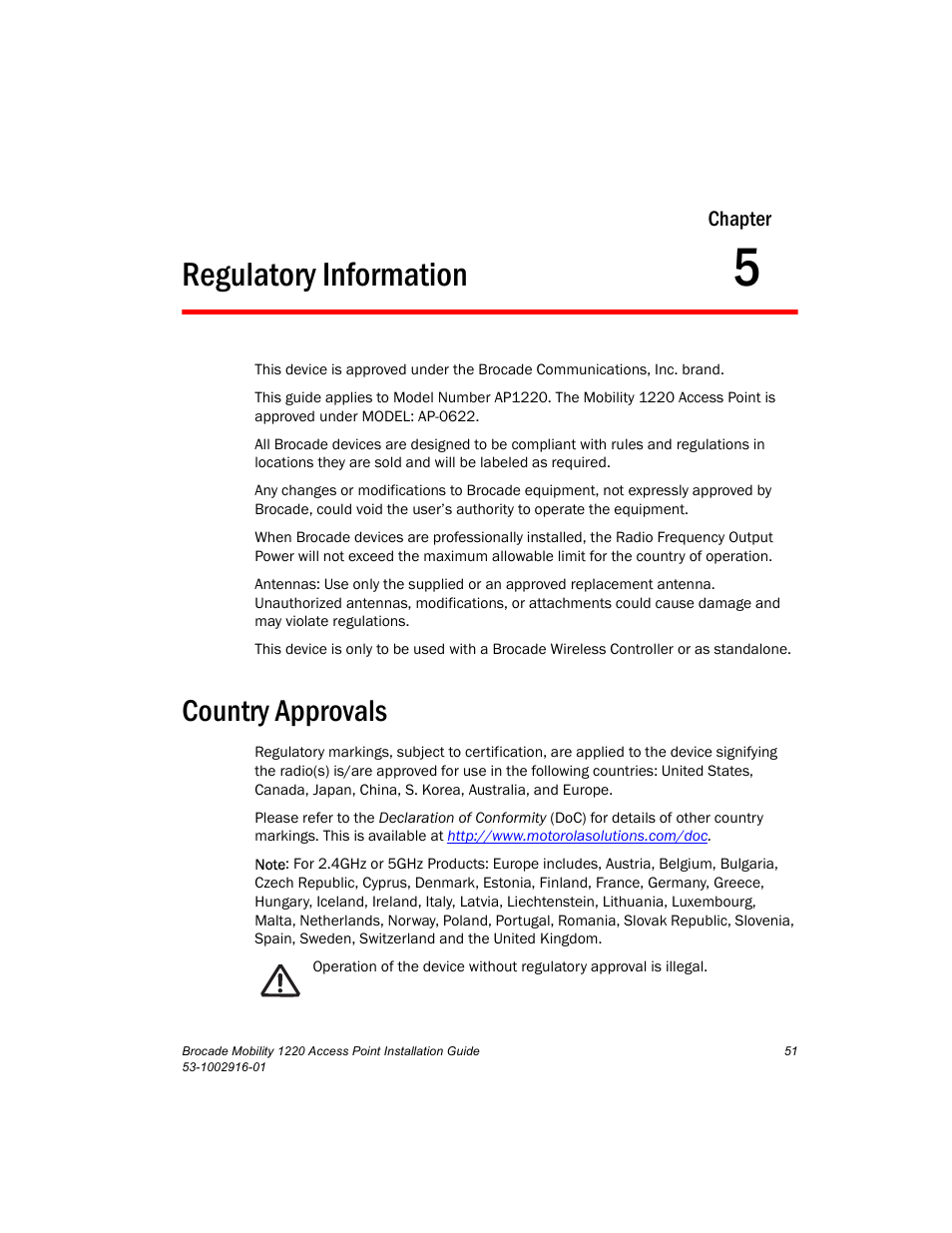 Regulatory information, Country approvals, Chapter 5 | Brocade Mobility 1220 Access Point Installation Guide User Manual | Page 56 / 68