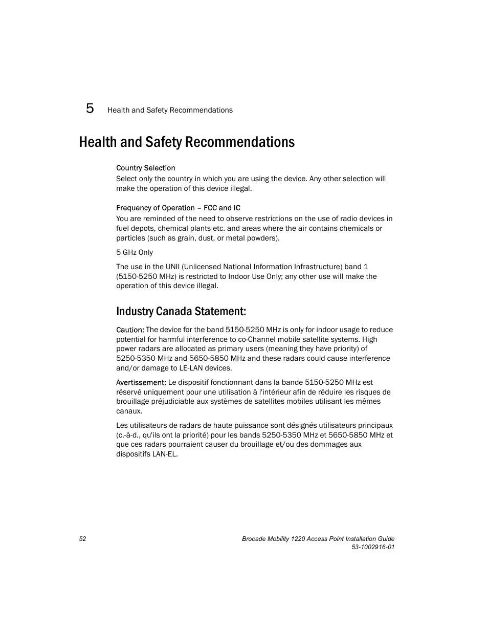 Health and safety recommendations, Industry canada statement | Brocade Mobility 1220 Access Point Installation Guide User Manual | Page 57 / 68