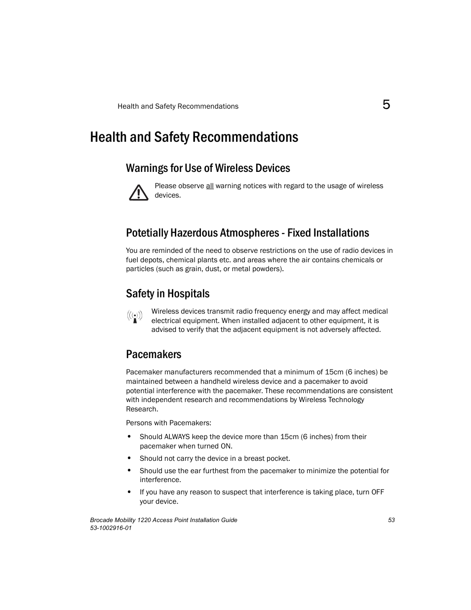 Health and safety recommendations, Warnings for use of wireless devices, Safety in hospitals | Pacemakers | Brocade Mobility 1220 Access Point Installation Guide User Manual | Page 58 / 68