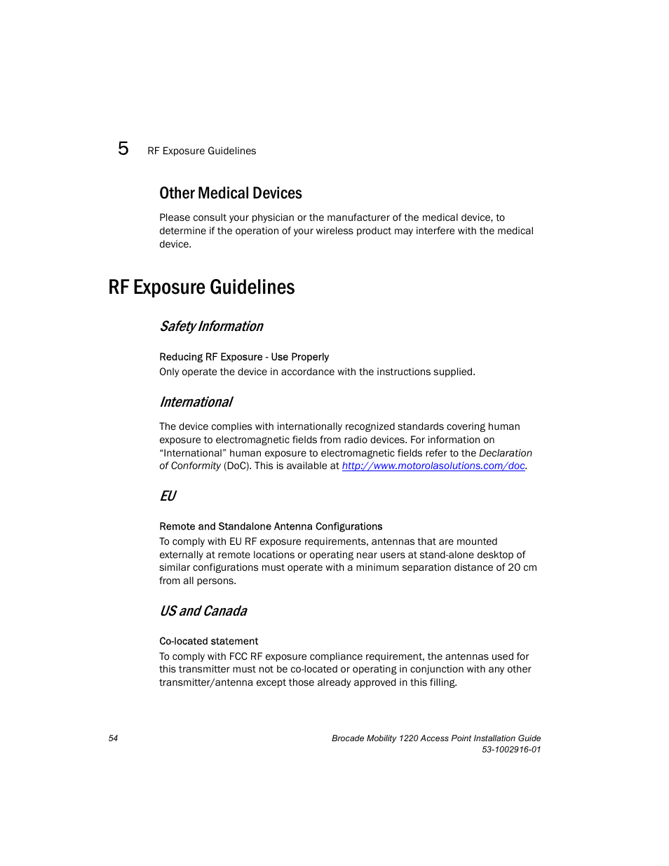 Other medical devices, Rf exposure guidelines, Safety information | International, Us and canada | Brocade Mobility 1220 Access Point Installation Guide User Manual | Page 59 / 68