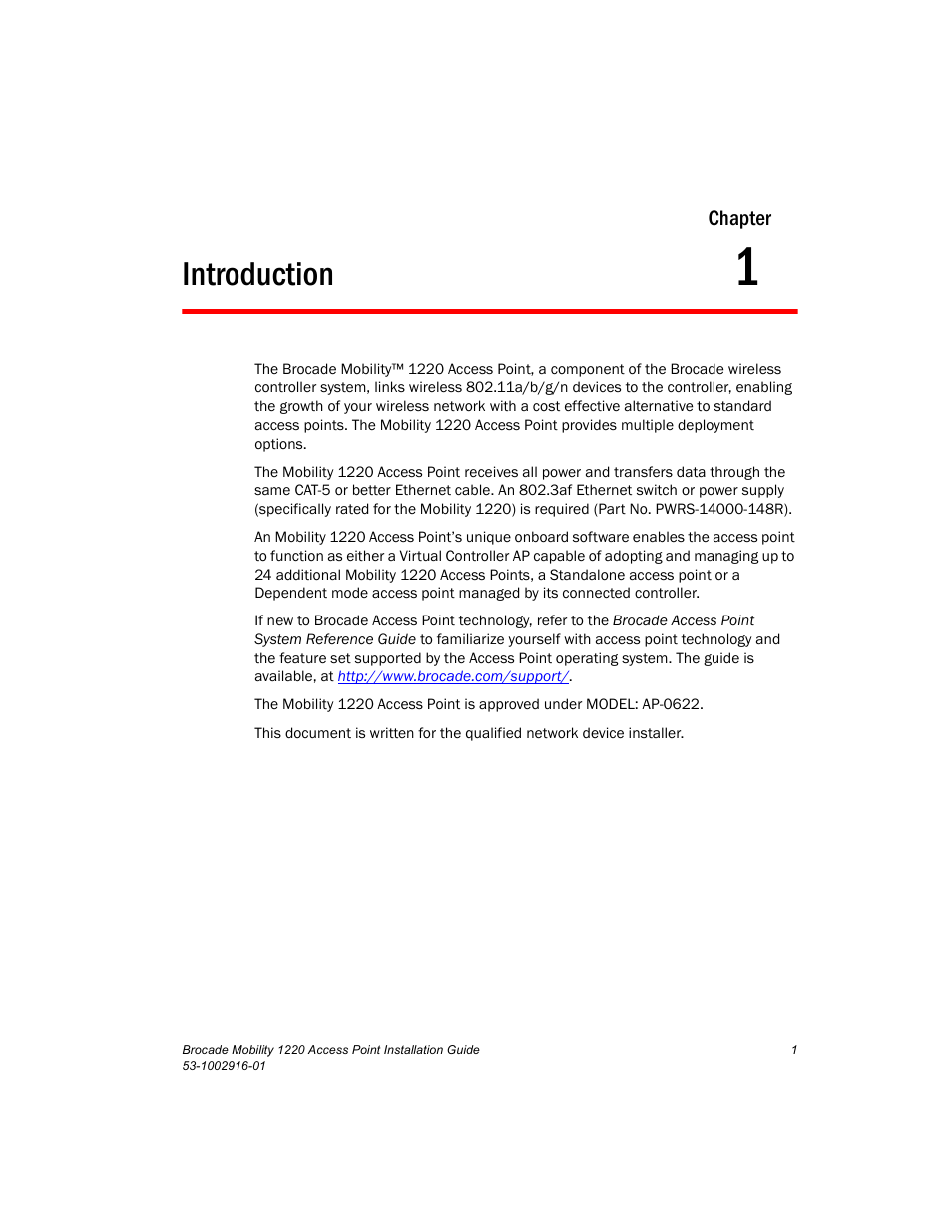 Introduction, Chapter 1 | Brocade Mobility 1220 Access Point Installation Guide User Manual | Page 6 / 68