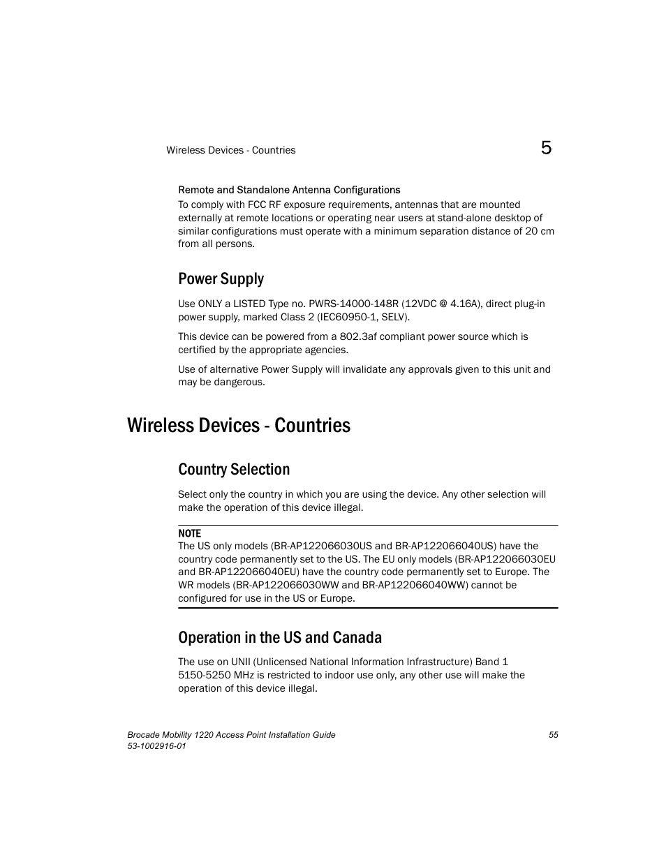 Power supply, Wireless devices - countries, Country selection | Operation in the us and canada | Brocade Mobility 1220 Access Point Installation Guide User Manual | Page 60 / 68