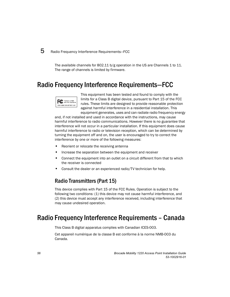 Radio frequency interference requirements—fcc, Radio transmitters (part 15), Radio frequency interference requirements – canada | Brocade Mobility 1220 Access Point Installation Guide User Manual | Page 61 / 68