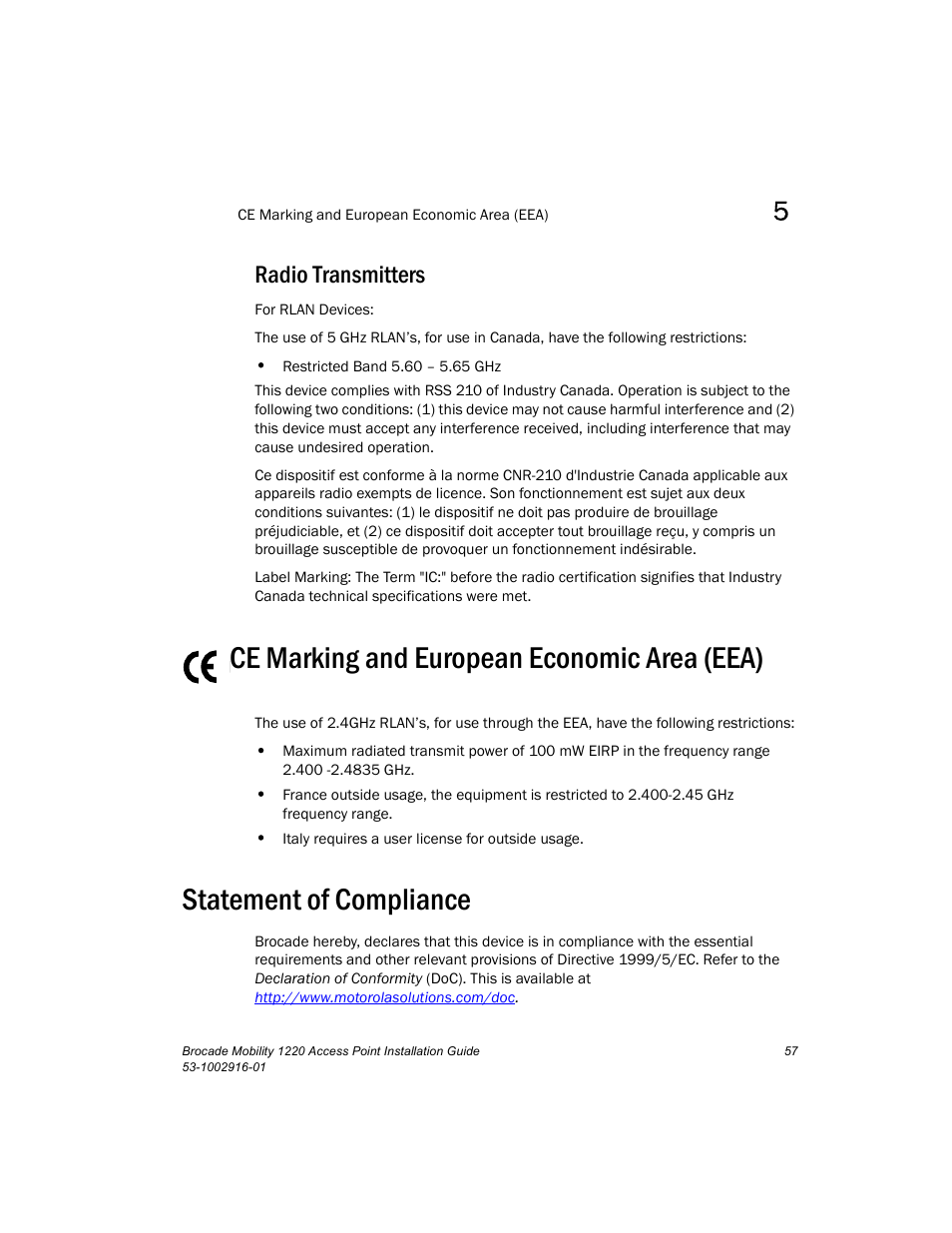 Radio transmitters, Ce marking and european economic area (eea), Statement of compliance | Brocade Mobility 1220 Access Point Installation Guide User Manual | Page 62 / 68