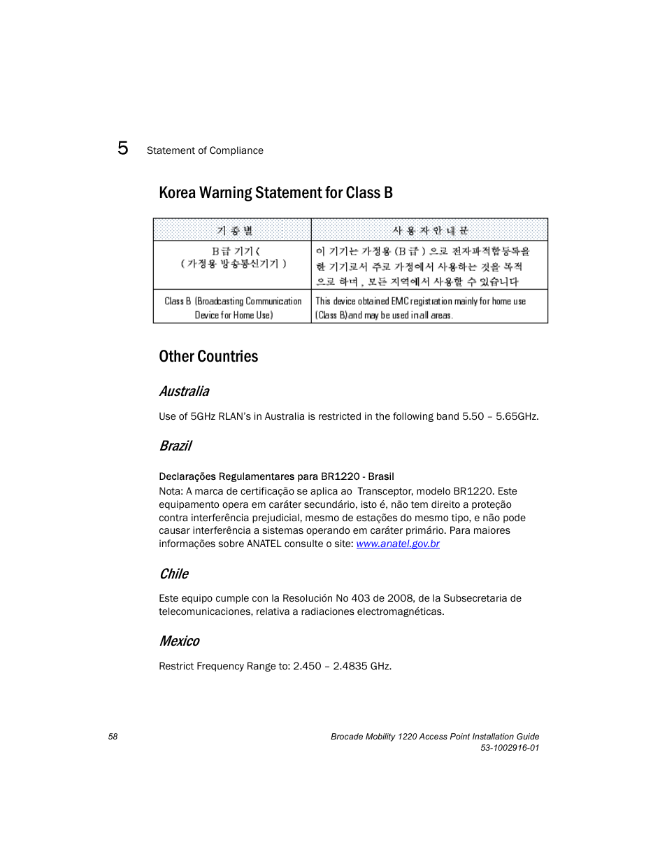 Korea warning statement for class b, Other countries, Australia | Brazil, Chile, Mexico | Brocade Mobility 1220 Access Point Installation Guide User Manual | Page 63 / 68